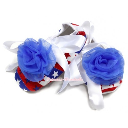 Red White Blue Striped Stars Crib Shoes With White Ribbon With Royal Blue Rose S562 