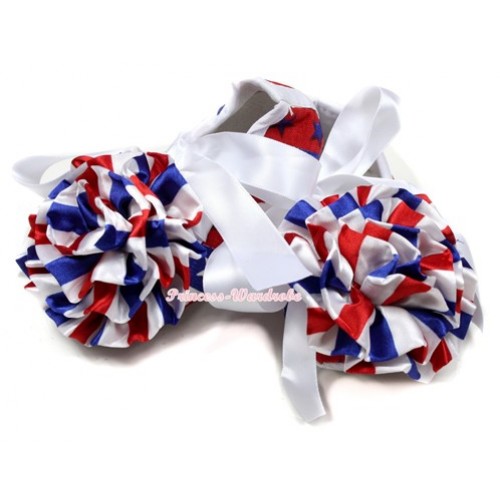 Red White Blue Striped Stars Crib Shoes With White Ribbon With Red White Blue Striped Rose S564 