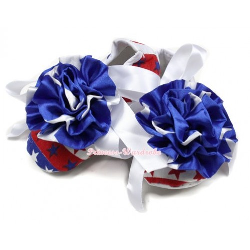 Red White Blue Striped Stars Crib Shoes With White Ribbon With Patriotic American Stars Rose S565 