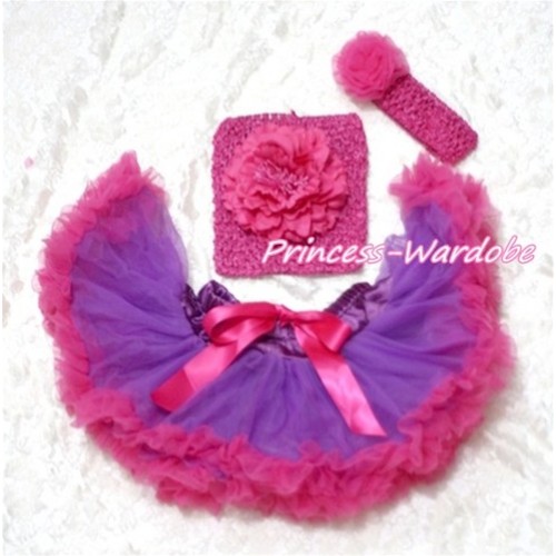 Purple Hot Pink Baby Pettiskirt, Hot Pink Peony Hot Pink Crochet Tube Top, Hot Pink Rose Headband 3PC Set CT118 