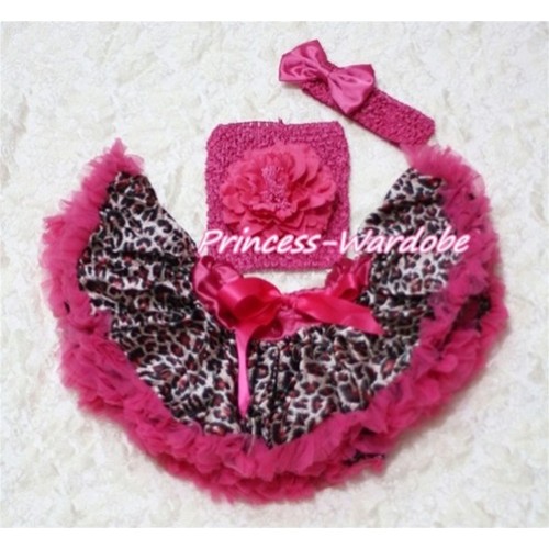 Hot Pink Gold Leopard Baby Pettiskirt, Hot Pink Peony Hot Pink Crochet Tube Top, Hot Pink Bow Headband 3PC Set CT123 