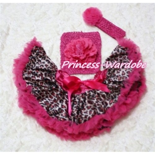 Hot Pink Gold Leopard Baby Pettiskirt, Hot Pink Peony Hot Pink Crochet Tube Top, Hot Pink Rose Headband 3PC Set CT124 