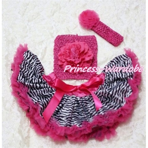 Hot Pink Zebra Baby Pettiskirt, Hot Pink Peony Hot Pink Crochet Tube Top, Hot Pink Rose Headband 3PC Set CT126 