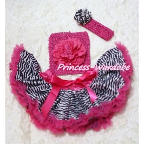 Hot Pink Zebra Baby Pettiskirt, Hot Pink Peony Hot Pink Crochet Tube Top, Hot Pink Headband Zebra Rose 3PC Set CT128 