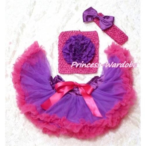 Purple Hot Pink Baby Pettiskirt, Purple Peony Hot Pink Crochet Tube Top, Hot Pink Headband Purple Bow 3PC Set CT129 