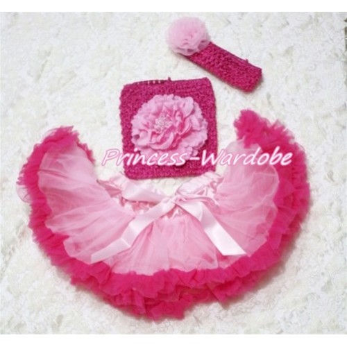 Light Hot Pink Baby Pettiskirt, Pink Peony Hot Pink Crochet Tube Top, Hot Pink Headband Light Pink Rose 3PC Set CT132 
