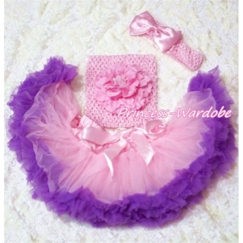Light Pink Purple Baby Pettiskirt, Pink Peony Pink Crochet Tube Top, Pink Bow Headband 3PC Set CT133 