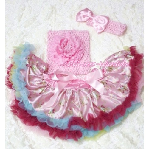 Light Pink Floral Baby Pettiskirt, Pink Peony Pink Crochet Tube Top, Pink Bow Headband 3PC Set CT137 