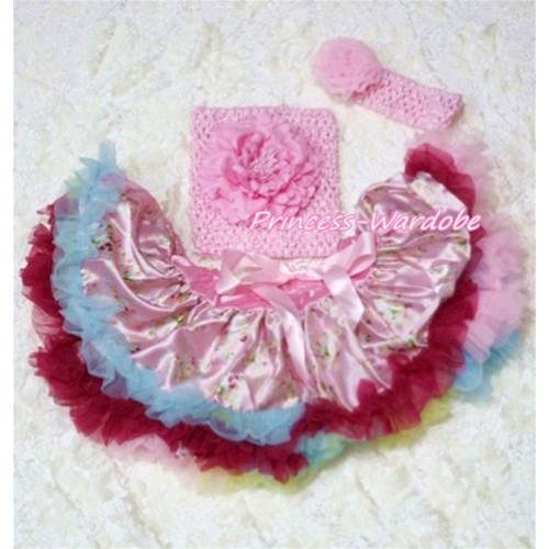 Light Pink Floral Baby Pettiskirt, Pink Peony Pink Crochet Tube Top, Pink Rose Headband 3PC Set CT138 