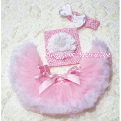 Pink White Baby Pettiskirt, White Peony Pink Crochet Tube Top, Pink Headband White Bow 3PC Set CT161 
