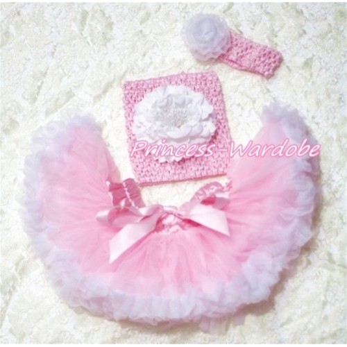 Pink White Baby Pettiskirt, White Peony Pink Crochet Tube Top, Pink Headband White Rose 3PC Set CT162 
