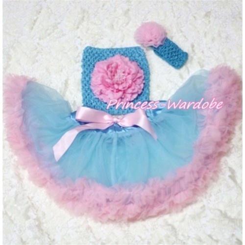 Blue Pink Baby Pettiskirt, Pink Peony Blue Crochet Tube Top, Blue Headband Pink Rose 3PC Set CT168 