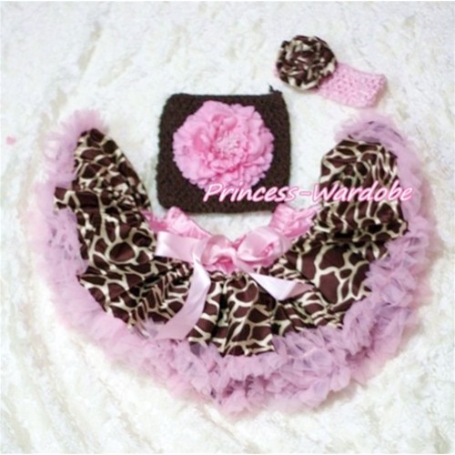 Pink Giraffe Baby Pettiskirt, Pink Peony Brown Crochet Tube Top, Pink Giraffe Rose Headband 3PC Set CT169 
