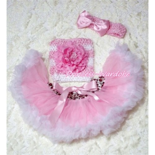 Pink White Leopard Waist Baby Pettiskirt, Pink Peony Pink White Crochet Tube Top, Pink Bow Headband 3PC Set CT173 