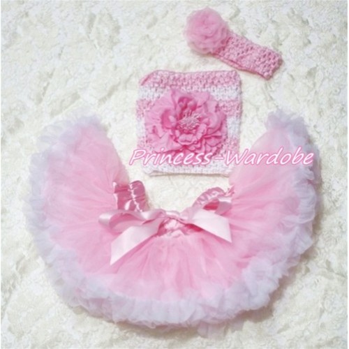 Pink White Baby Pettiskirt, Pink Peony Pink White Crochet Tube Top, Pink Rose Headband 3PC Set CT179 