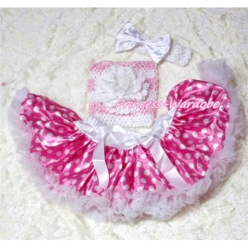 Hot Pink White Dots Baby Pettiskirt, White Peony Pink White Crochet Tube Top, White Bow Headband 3PC Set CT180 