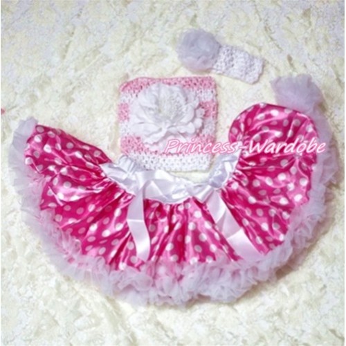 Hot Pink White Dots Baby Pettiskirt, White Peony Pink White Crochet Tube Top, White Rose Headband 3PC Set CT181 