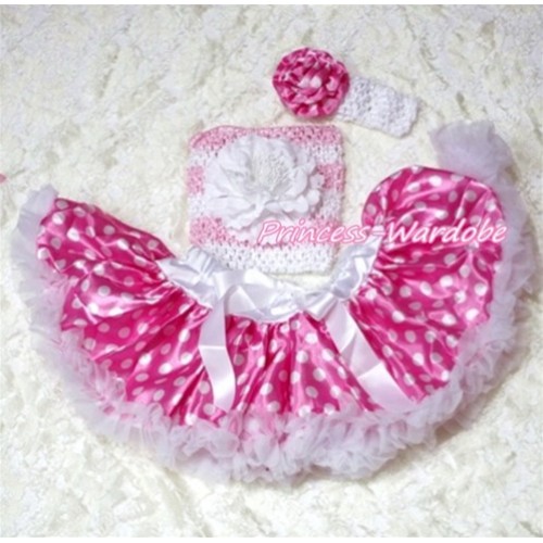 Hot Pink White Dots Baby Pettiskirt, White Peony Pink White Crochet Tube Top, White Headband Hot Pink Dots Rose 3PC Set CT182 
