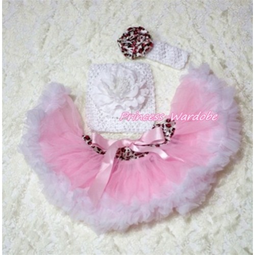 Pink White Leopard Waist Baby Pettiskirt, White Peony White Crochet Tube Top, White Headband Pink Leopard Rose 3PC Set CT187 