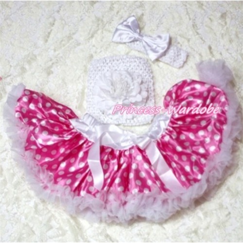 Hot Pink Dots Baby Pettiskirt, White Peony White Crochet Tube Top, White Bow Headband 3PC Set CT188 