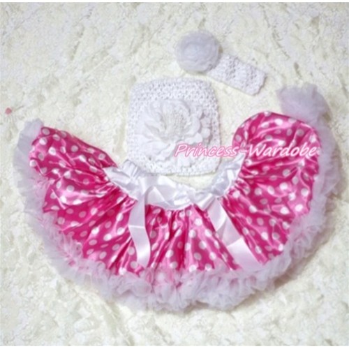 Hot Pink White Dots Baby Pettiskirt, White Peony White Crochet Tube Top, White Rose Headband 3PC Set CT189 
