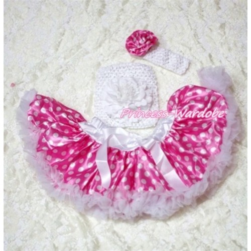Hot Pink White Polka Dot Baby Pettiskirt, White Peony White Crochet Tube Top, White Headband Hot Pink Dots Rose 3PC Set CT190 