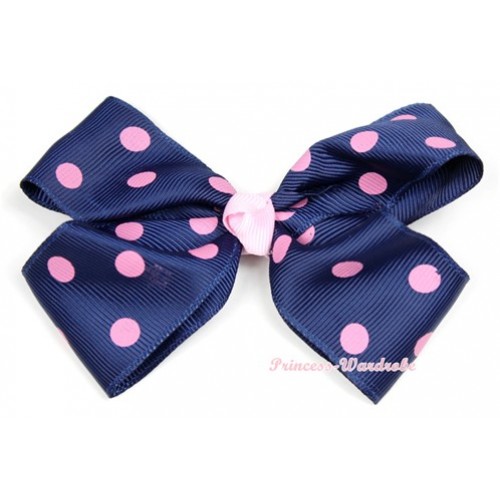 Royal Blue Light Pink Polka Dots Ribbon Bow Hair Clip H710 