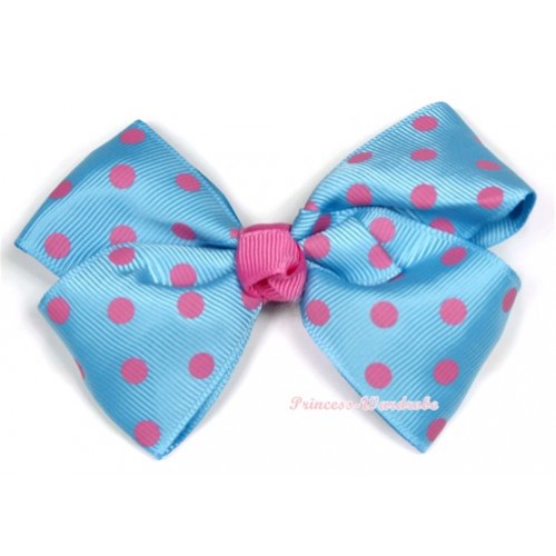 Light Blue Hot Pink Polka Dots Ribbon Bow Hair Clip H712 