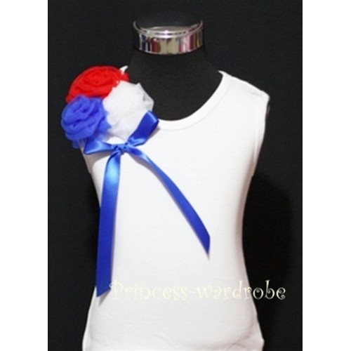 White Top with Bunch of Red White Blue Rosettes and Blue Bow TB67 