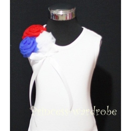 White Top with Bunch of Red White Blue Rosettes and White Bow TB68 
