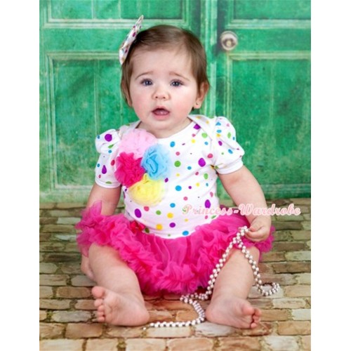 White Rainbow Dots Baby Jumpsuit Hot Pink Pettiskirt With Bunch Of Light Pink Hot Pink Light Blue Yellow Rosettes With White Rainbow Dots Satin Bow JS1118 