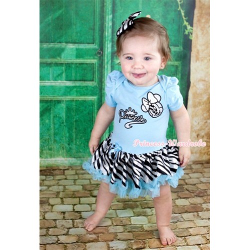 Light Blue Baby Jumpsuit Light Blue Zebra Pettiskirt With Sparkle White Minnie Princess Print With Zebra Satin Bow JS785 