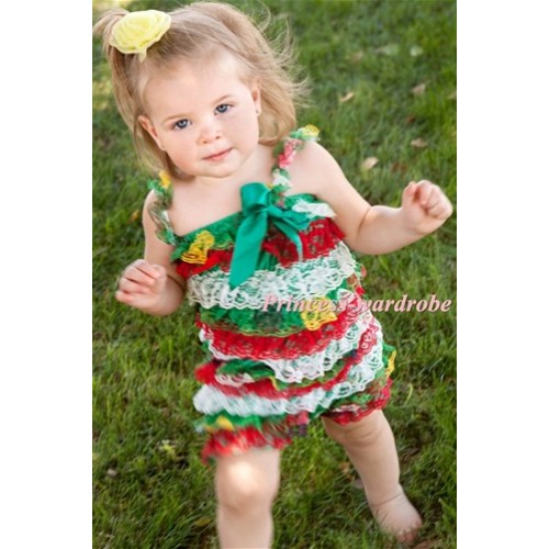 Xmas Red White Green Layer Chiffon Romper with Green Bow & Xmas Tree Straps LR83 