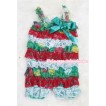 Xmas Red White Green Layer Chiffon Romper with Green Bow & Xmas Tree Straps LR83 