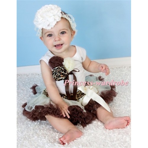 White Baby Pettitop & Bunch of Brown Leopard Cream White Rosettes & Brown Ribbon with Cream White Leopard Waist Baby Pettiskirt NG902 