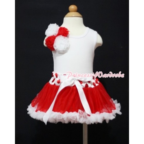 White Baby Pettitop & Bunch of Red White Rosettes with Red White Polka Minnie Dot Waist Baby Pettiskirt NG602 