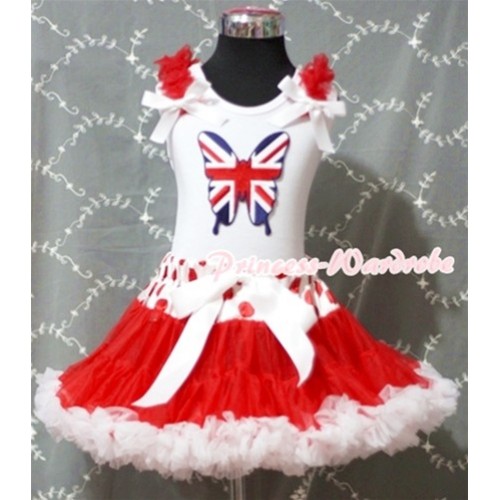 Red White Polka Waist Red White Pettiskirt with Patriotic British Butterfly with Red Ruffles and White Bow White Tank Top MM172 