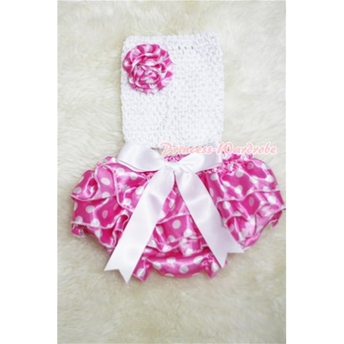 White Crochet Tube Top, White Giant Bow Hot Pink Dots Bloomer, Hot Pink Dots Rose CT208 