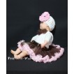 White Baby Pettitop & Brown Rosettes with Brown Light Pink Baby Pettiskirt NG84 