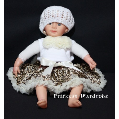 White Baby Pettitop & Cream White Rosettes with Cream White Leopard Baby Pettiskirt NG130 