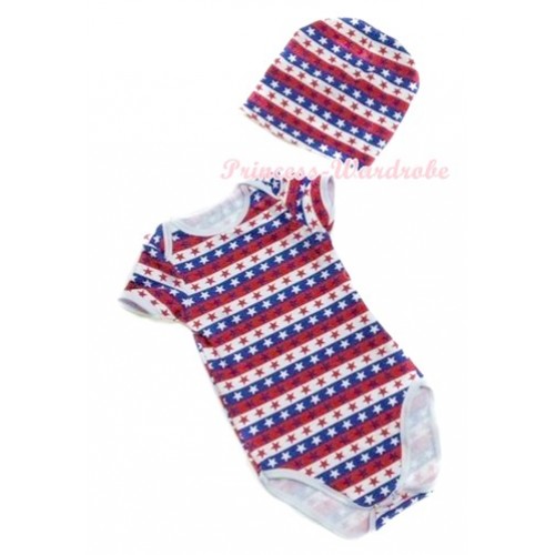 Plain Style Red White Blue Striped Stars Baby Jumpsuit with Cap Set TH386 