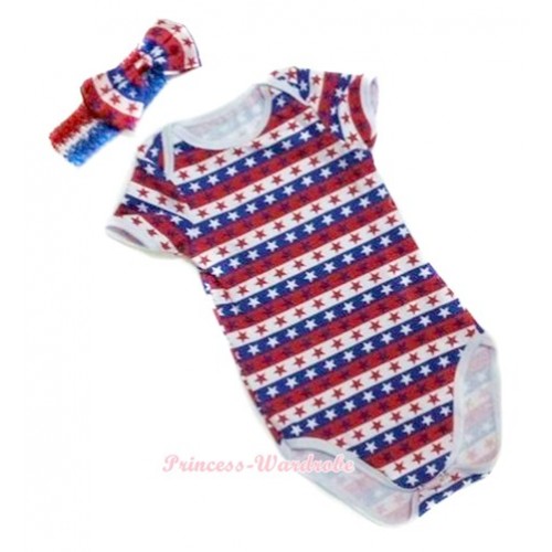 Red White Blue Striped Stars Baby Jumpsuit with Red White Blue Headband Red White Blue Striped Stars Satin Bow TH387 