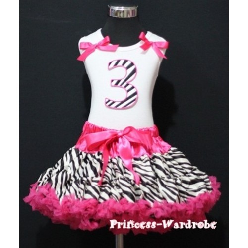 White Tank Top & 3rd Birthday Hot Pink Zebra Print number & Zebra Ruffles & Hot Pink Ribbon with Hot Pink Zebra Pettiskirt MM42 