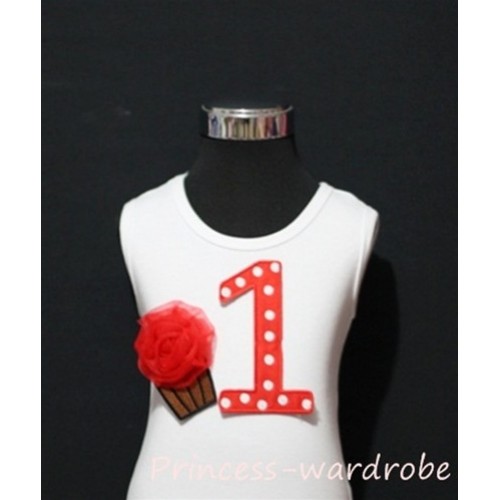 1st Birthday White Tank Top with Red White Polka Dots Print number and Red Rosettes Cupcake TM07 
