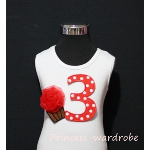 3rd Birthday White Tank Top with Red White Polka Dots Print number and Red Rosettes Cupcake TM11 