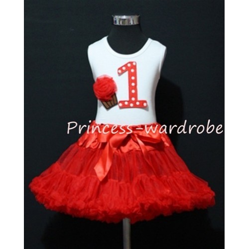 White Tank Top & 1st Birthday Red White Polka Dots Print number & Red Rosettes Cupcake with Red Pettiskirt MM01 