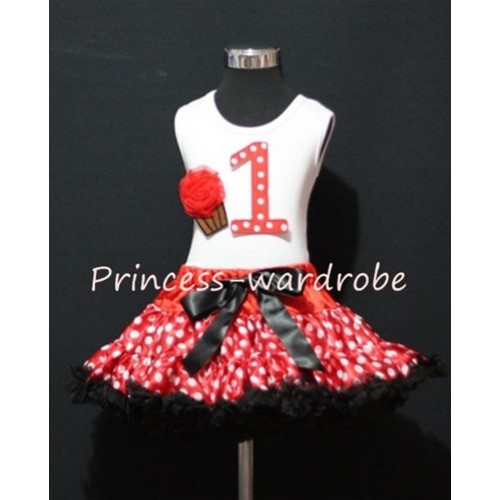 White Tank Top & 1st Birthday Red White Polka Dots Print number & Red Rosettes Cupcake with Minnie Red White Polka Dots Pettiskirt MM02 