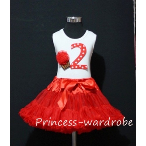 White Tank Top & 2nd Birthday Red White Polka Dots Print number & Red Rosettes Cupcake with Red Pettiskirt MM03 