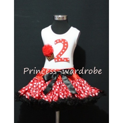 White Tank Top & 2nd Birthday Red White Polka Dots Print number & Red Rosettes Cupcake with Minnie Red White Polka Dots Pettiskirt MM04 