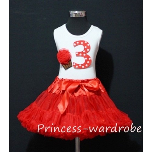 White Tank Top & 3rd Birthday Red White Polka Dots Print number & Red Rosettes Cupcake with Red Pettiskirt MM05 